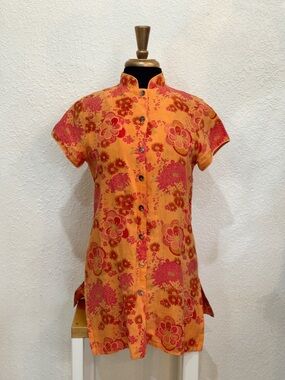 Vintage Orange & Pink Floral Button-Front Linen Tunic